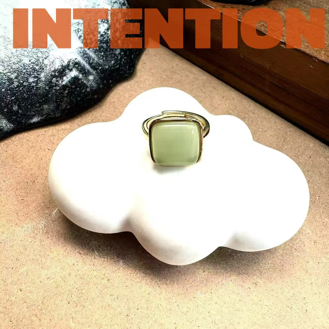戒指 正品INTENTION新中式湖水绿色方包开口戒指AE597
