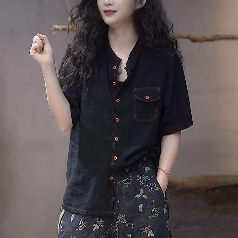 亚麻黑色短袖衬衫女2025夏季宽松时尚显瘦设计感单排多扣气质上衣