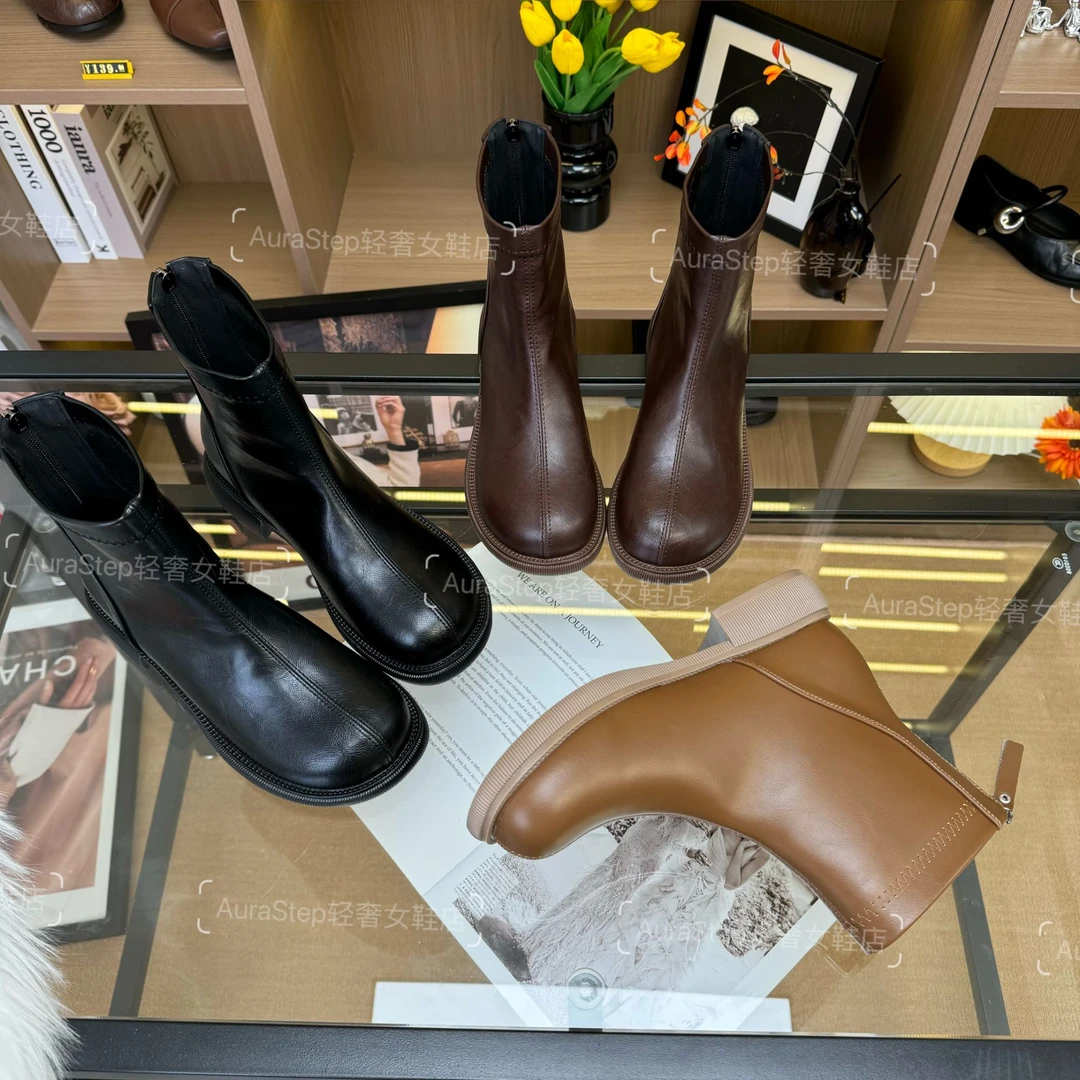 【品牌力荐】秋冬高级百搭时尚防滑舒适低跟圆头中筒加绒靴子Y1775