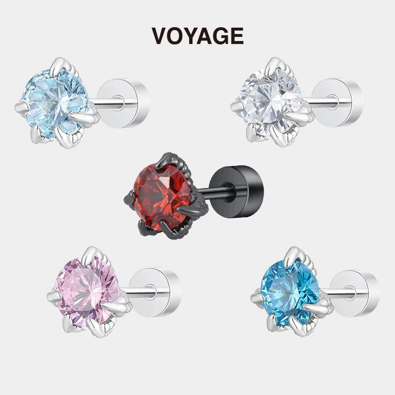 钛钢锆石耳饰 钛合金龙爪耳钉女爆闪华子耳骨钉耳蜗钉钛钢耳饰男