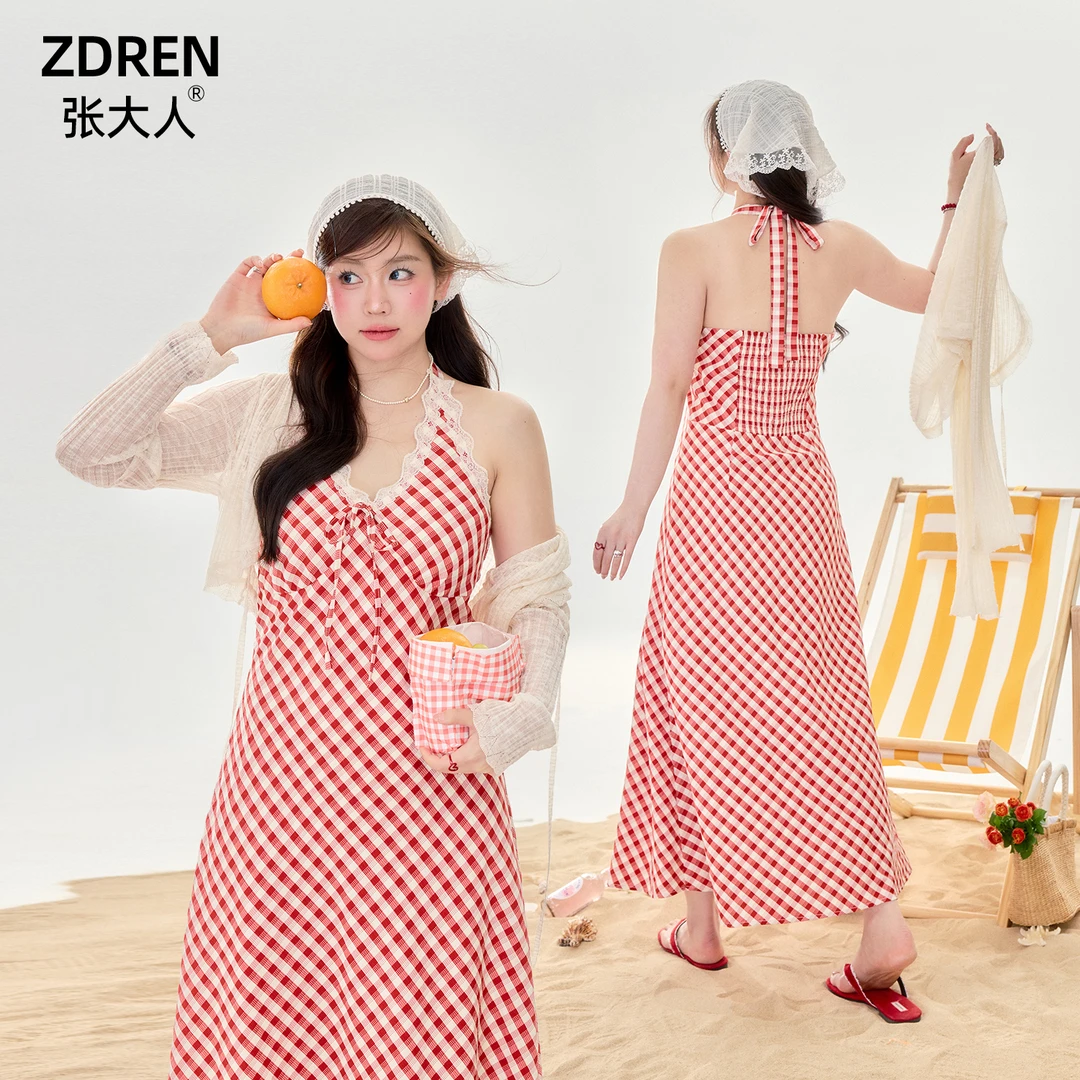 张大人【广岛少女】大码女装微胖妹妹法式度假风开衫格纹挂脖连衣裙