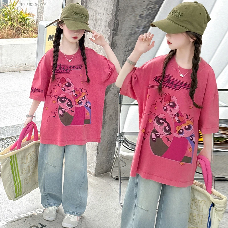 2025夏季女童套装中大童休闲韩版洋气牛仔裤短袖上衣两件套潮童夏