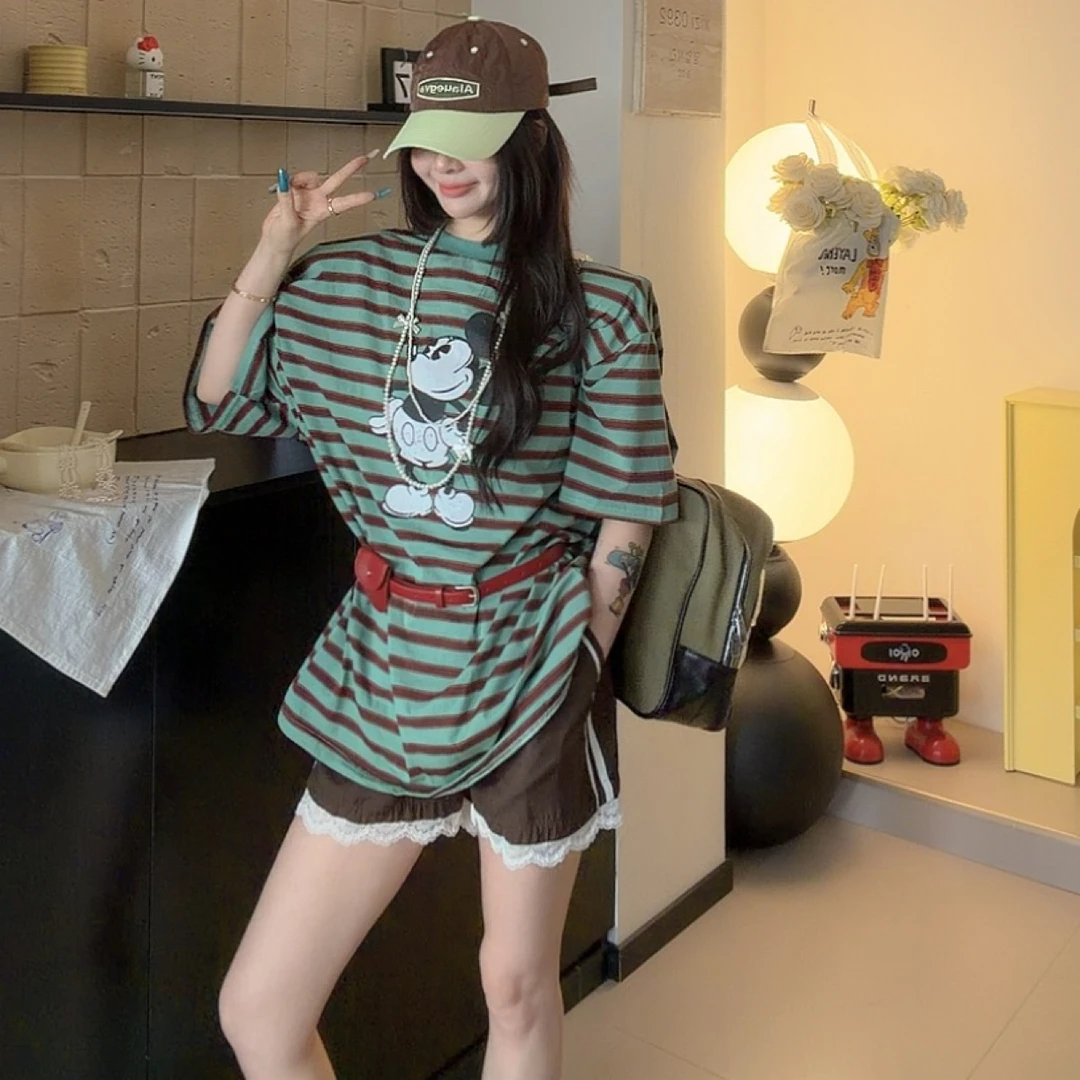 西子女装(新款时尚百搭宽松显瘦米奇印花条纹短袖T恤)