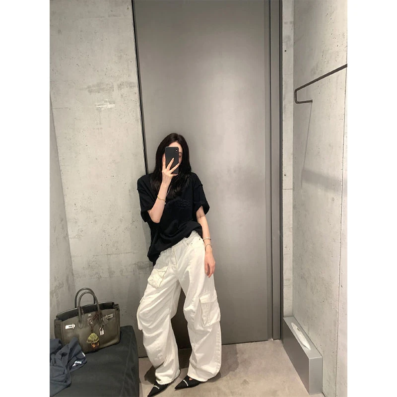 美式辣妹风气质百搭宽松短袖T恤上衣高腰显瘦阔腿口袋工装裤套装