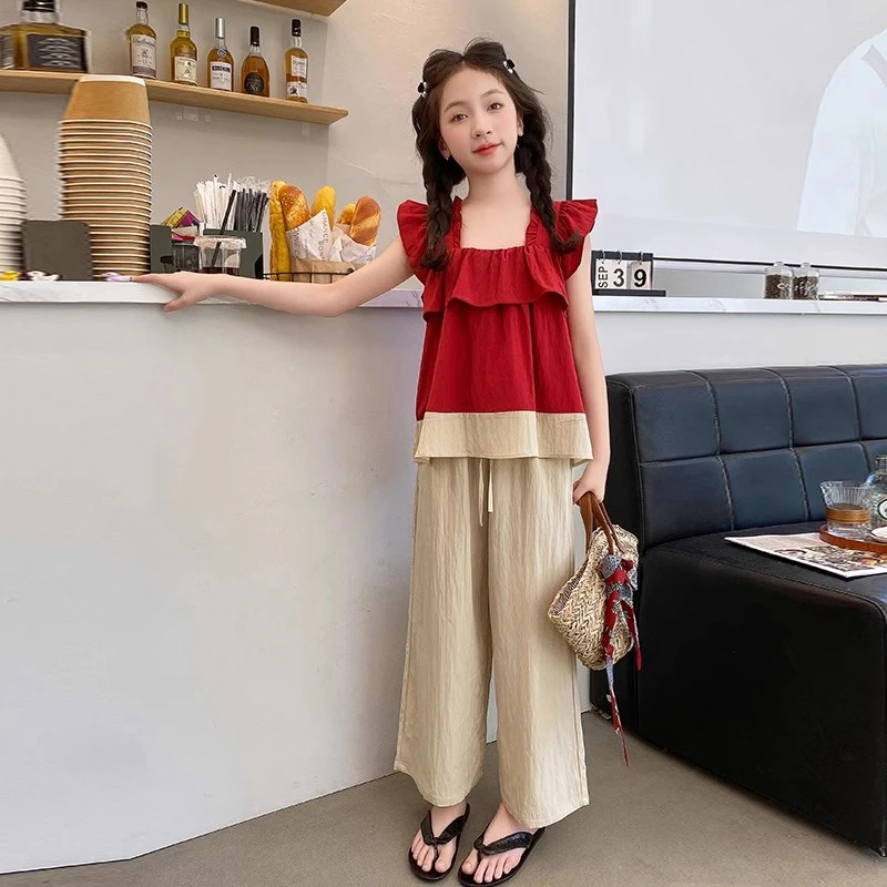 女孩夏季飞袖上衣套装2025新款休闲女大童山本长裤时尚两件套凉快