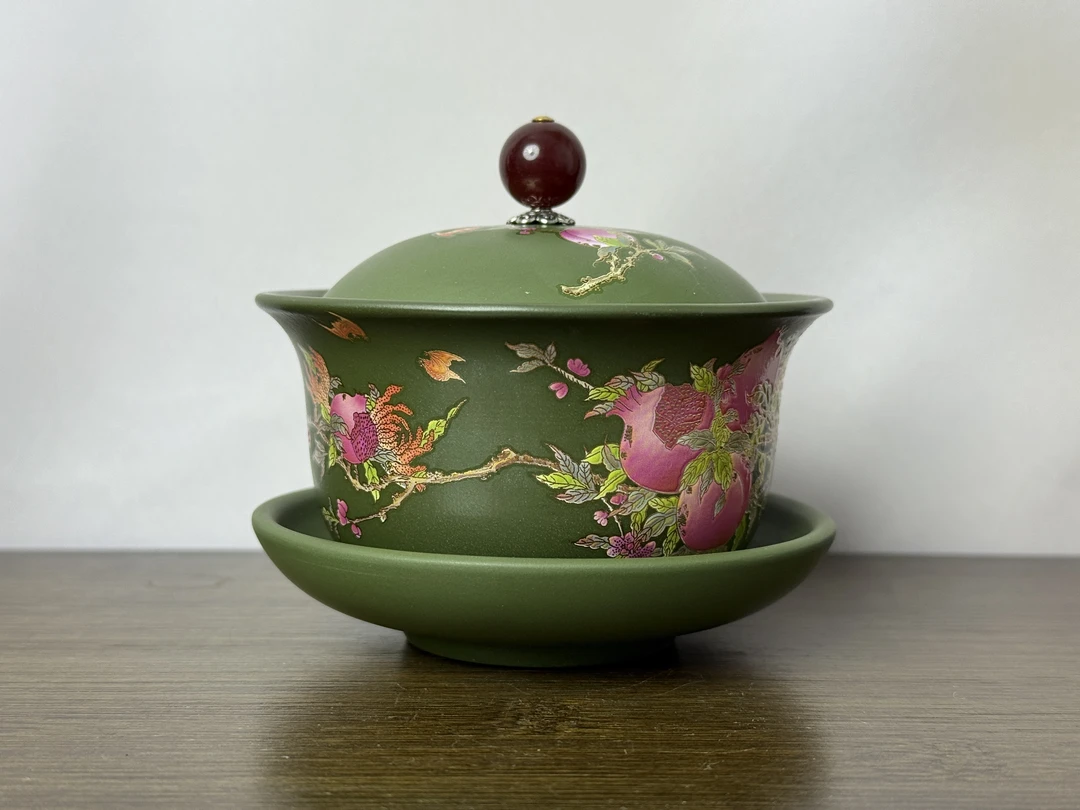 2331宜兴紫砂三才盖碗绿泥手绘石榴寿桃容量150毫升茶具大师茶杯