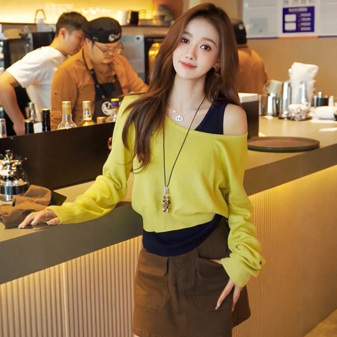巨好看撞色背心长袖针织衫两件套女2025新款韩系早秋穿搭斜肩上衣