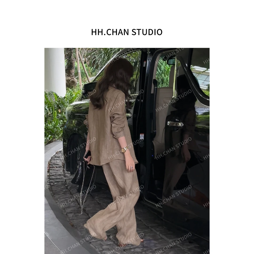HH.CHAN“女明星”100%亚麻设计门襟米棕色直筒亚麻裤
