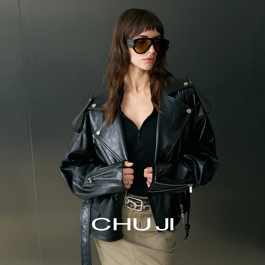 Chuji出迹设计感皮衣外套女蛋白皮 轻朋克风 秋冬PU夹克-E2Z2456W