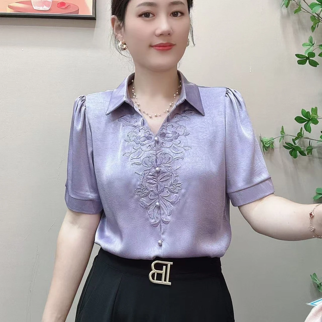 夏季新款短袖重工刺绣女士衬衫轻奢洋气衬衣百搭显瘦套头小衫