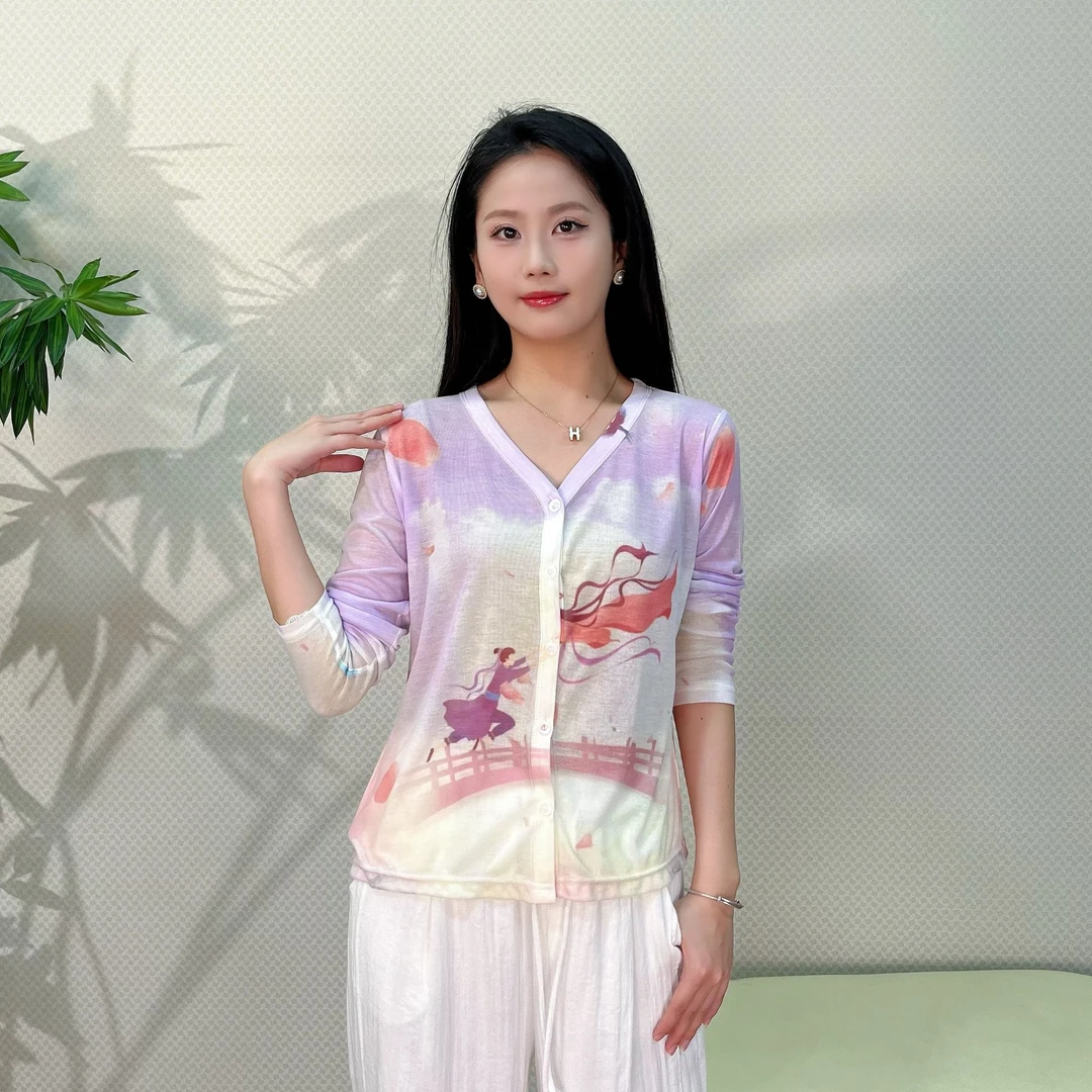 夏季热卖新款2025设计感轻薄气质印花开衫女花色长袖