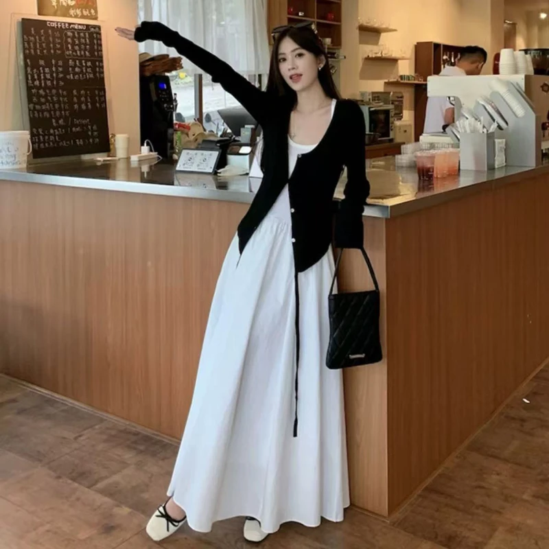 秋季新品叠穿系带长袖针织开衫高腰显瘦A字吊带连衣裙时尚套装女