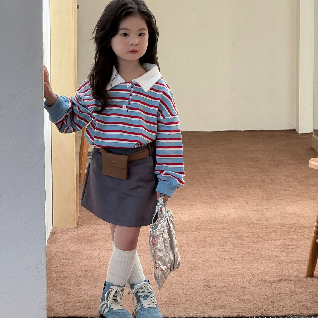 2025秋季女童复古撞色条纹卫衣儿童polo领宽松休闲上衣