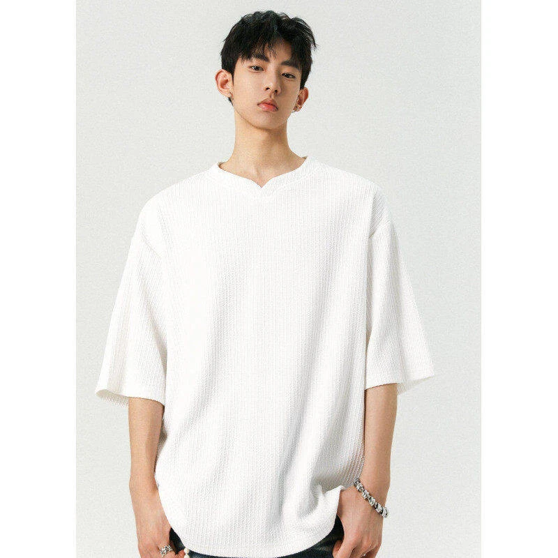 夏季薄款韩系宽松短袖T恤潮流纯色肌理感V领T恤衫休闲透气半袖