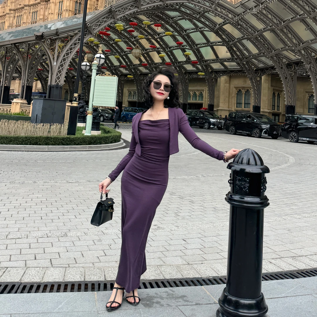 【KNJ】小个子定制2025早秋包臀修身慵懒开衫吊带连衣裙两件套