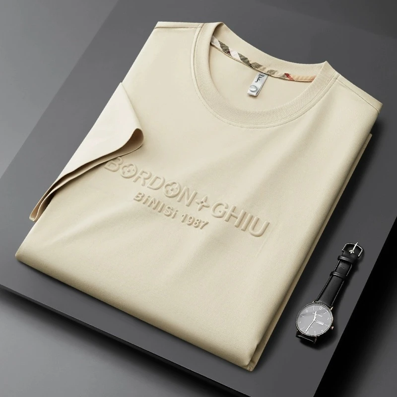 轻奢夏季薄款圆领短袖t桖男士卡其色修身凸胶字母半袖男打底上衣