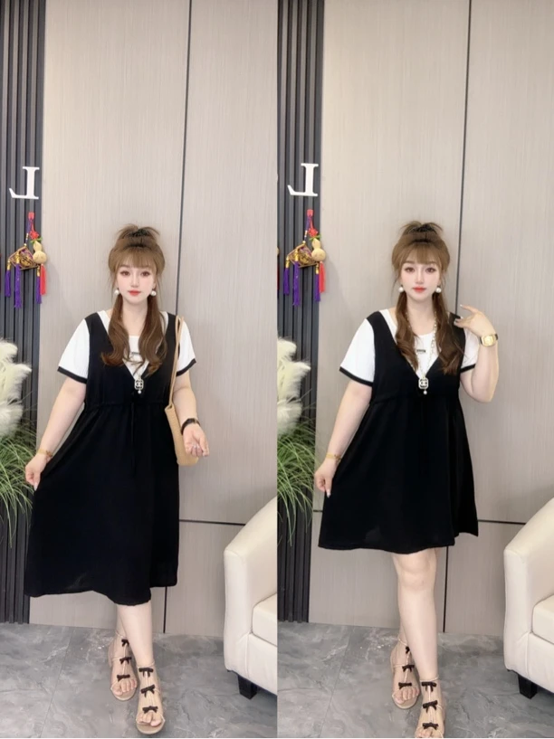 YY家收腰显瘦气质百搭遮肉甜美减龄假两件连衣裙长短款