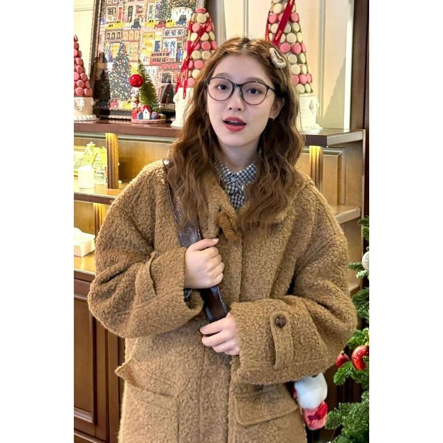 2025款泰迪羊毛毛棕色复古学院风连帽大衣女冬中长款韩系羊羔毛