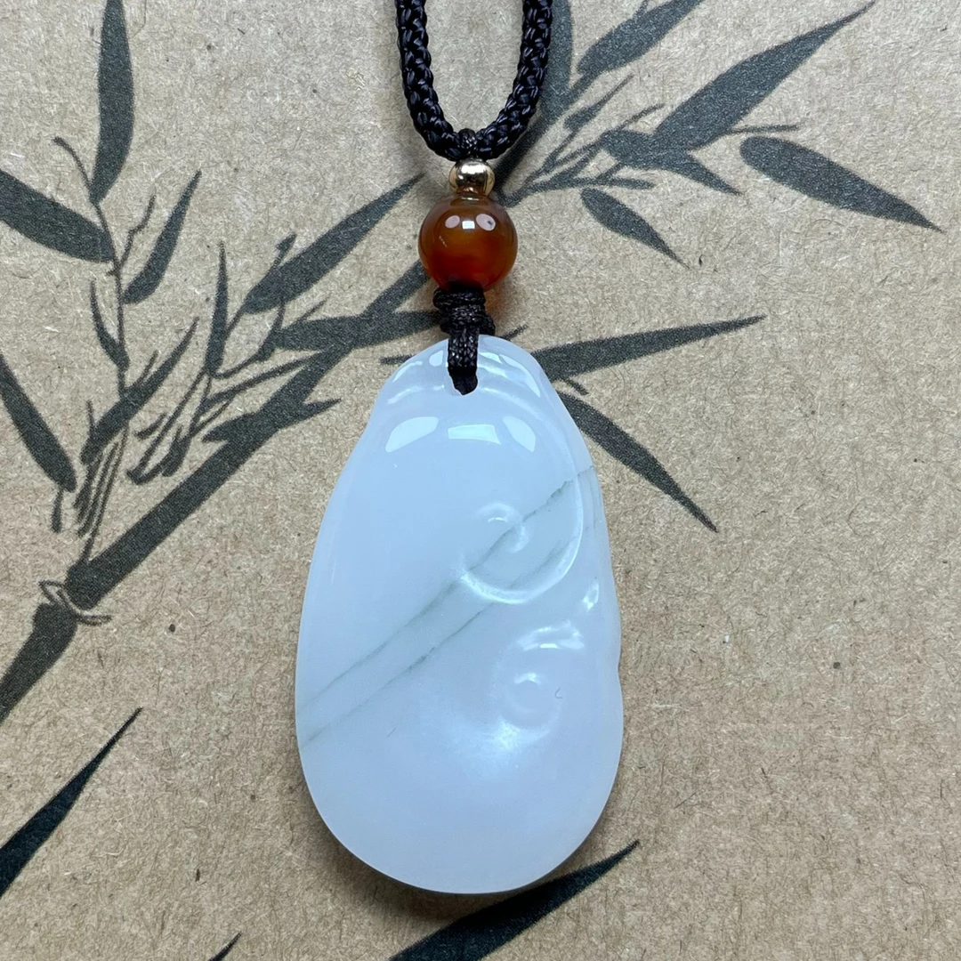 新疆天山翠天然玉石35mm灵芝如意时尚吊坠复古项饰精美挂坠