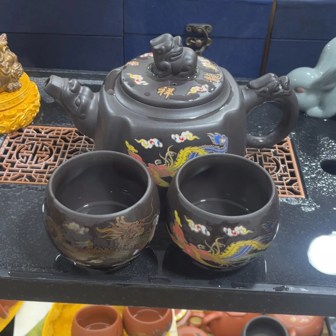 紫砂茶杯一壶4杯2龙2凤