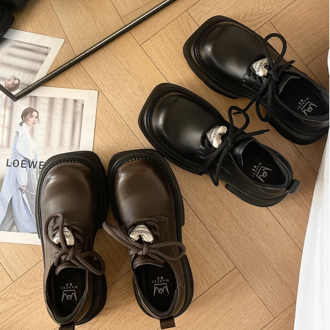 Deng.mom牛皮中跟乐福鞋春秋百搭黑色复古厚底英伦风圆头秋季真皮