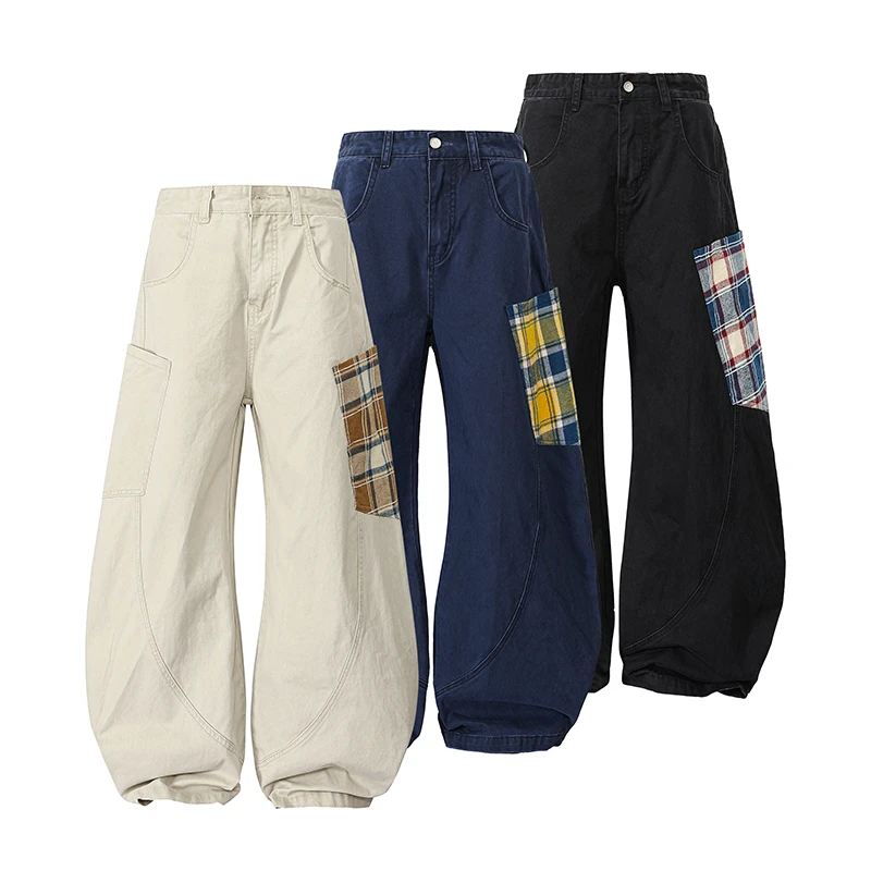 大口袋格子弯刀裤男秋季美式设计休闲裤时尚百搭松弛感阔腿裤