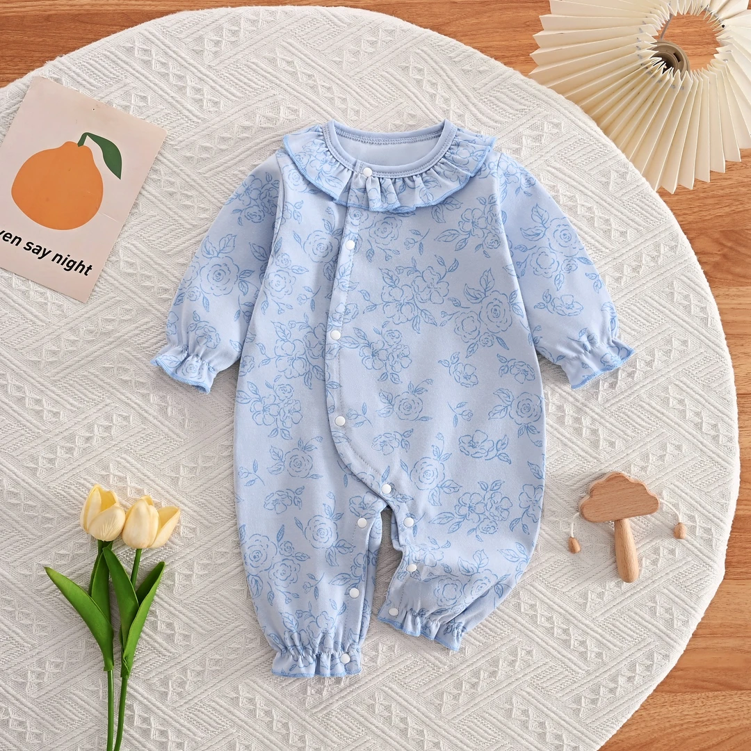 婴儿纯棉连体衣春秋公主风女宝哈衣秋季男女童长袖衣服超萌外出服