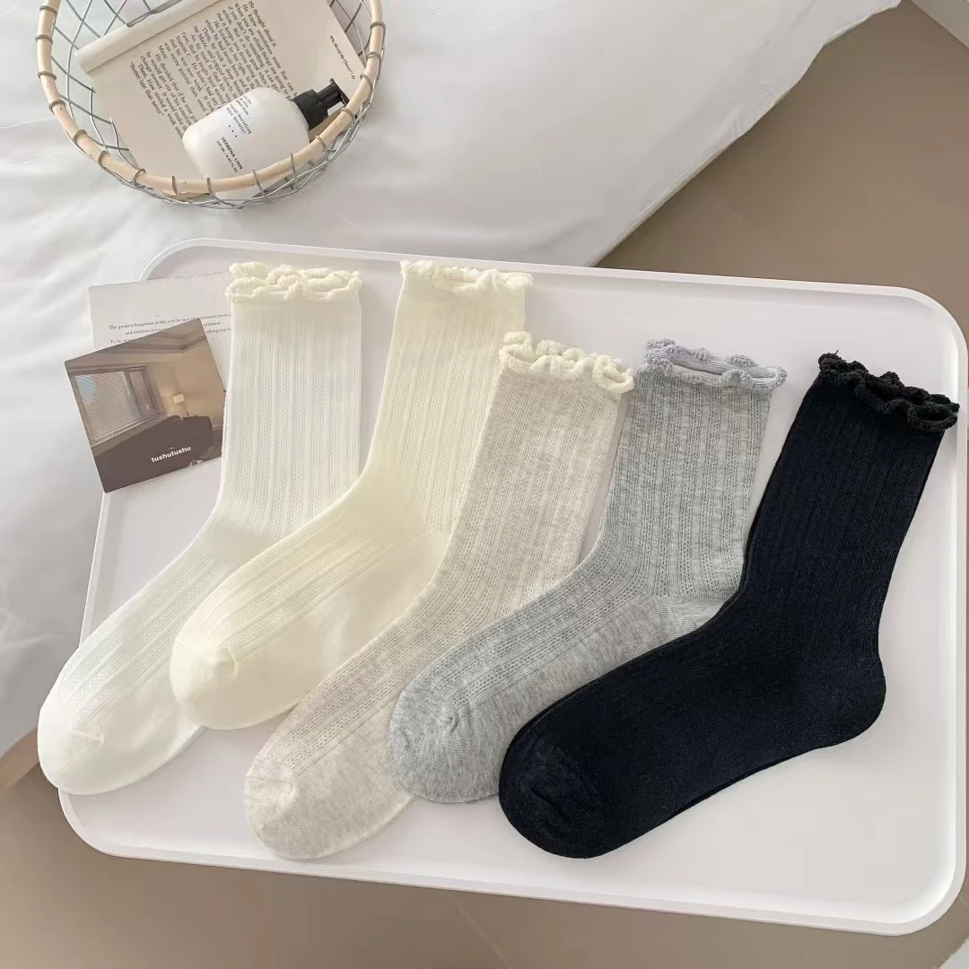 春夏薄款中筒袜透气网眼木耳边学院风堆堆袜纯色棉袜