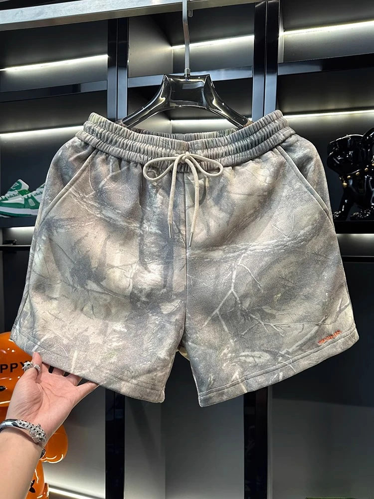 2025夏季新款美式复古枯木树枝水洗做旧宽松休闲运动橡筋腰短裤男