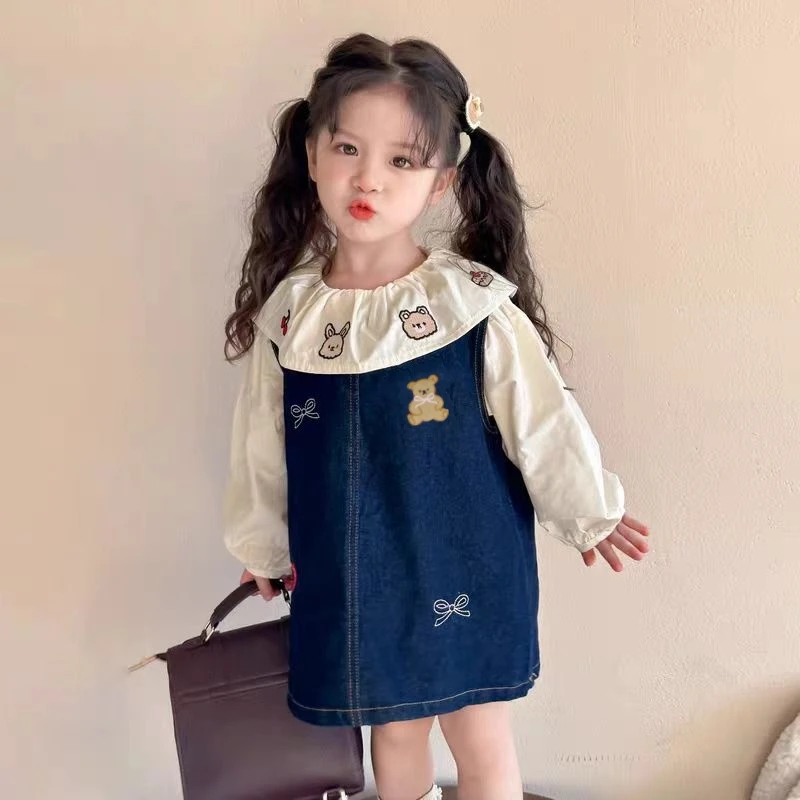 春秋款女童衣服刺绣衬衫娃娃领上衣女宝牛仔背带裙套装