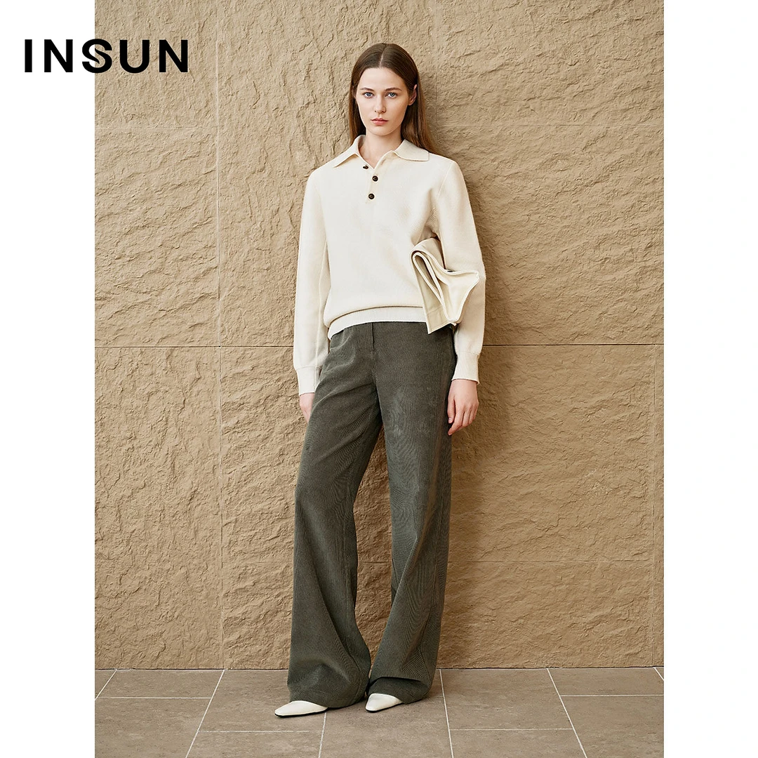 INSUN恩裳冬季亲肤绵羊毛羊绒POLO领针织衫