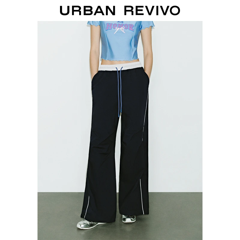 UR2025秋季新款女装撞色松紧腰抽绳褶饰阔腿裤UYV650016