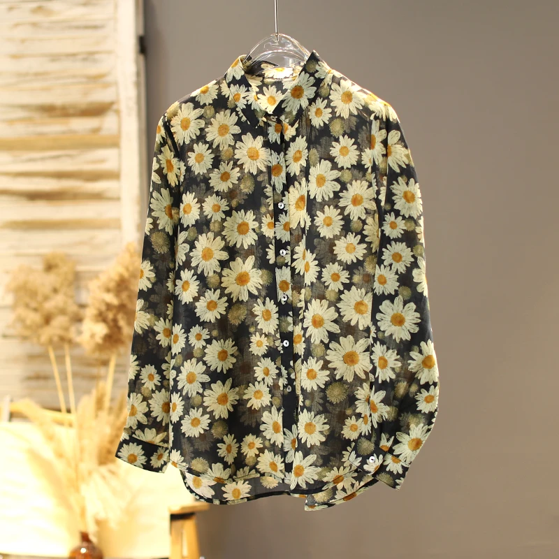 2025年春季新款减龄文艺清新雏菊衬衣苎麻长袖宽松单排扣气质衬衫