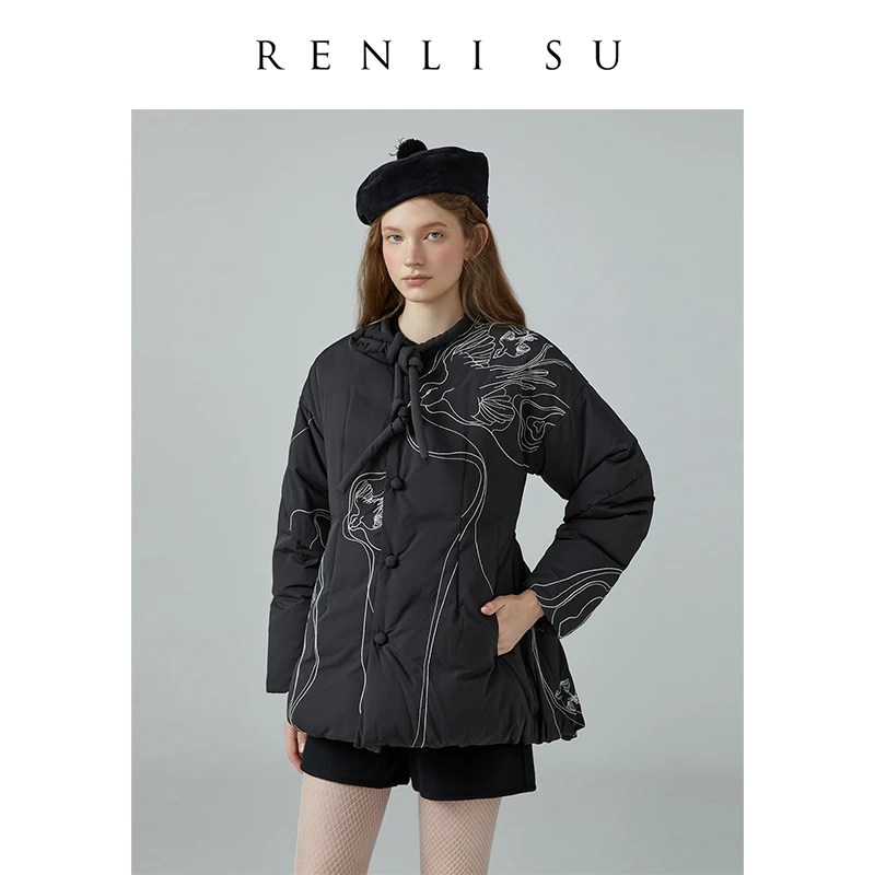 RENLISU仁莉苏独立设计师品牌黑色白鹅绒绣花羽绒服女秋冬款