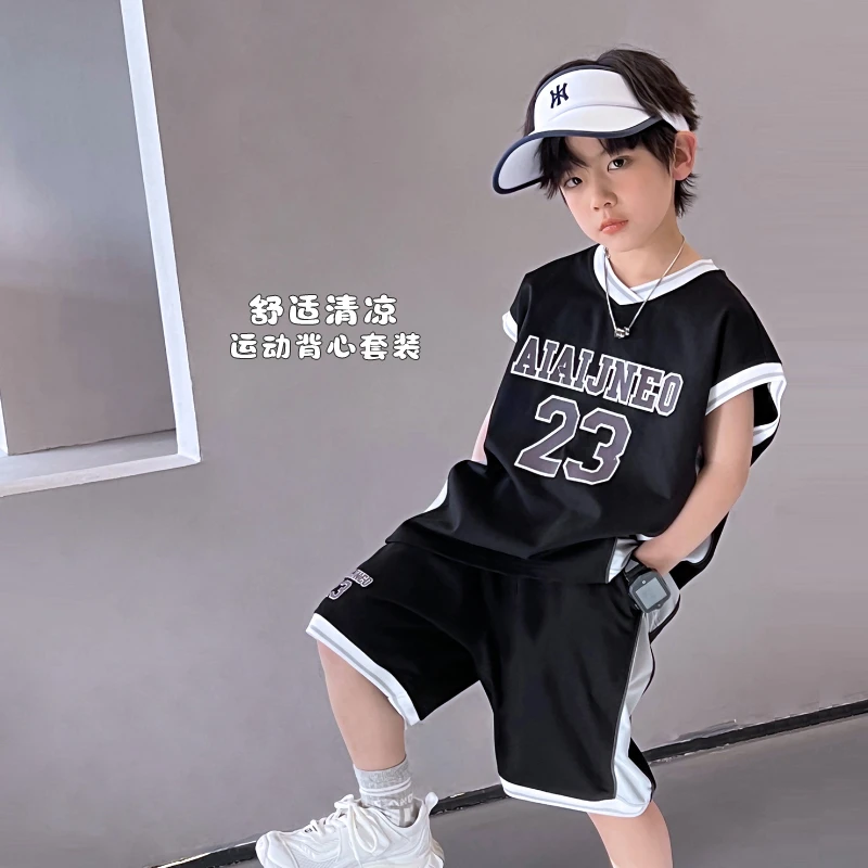 P110【23号】男童黑色无袖潮牌童装套装运动洋气舒适夏季5048234O9