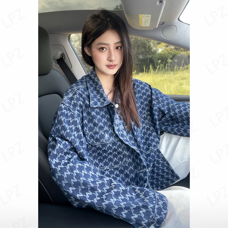 美式复古老花满印牛仔外套男秋季深蓝色水洗千鸟格子翻领工装夹克