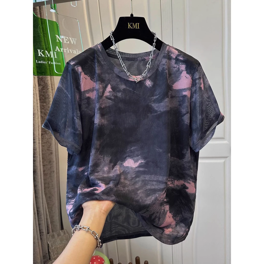 胖妹妹大码独特网纱扎染圆领短袖T恤女上衣休闲透气镂空夏季薄款