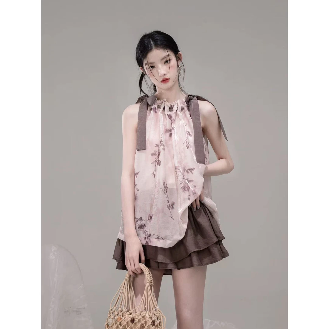 COTRE 赤茶玫瑰 挖肩抽褶飘带上衣+半身裙套装