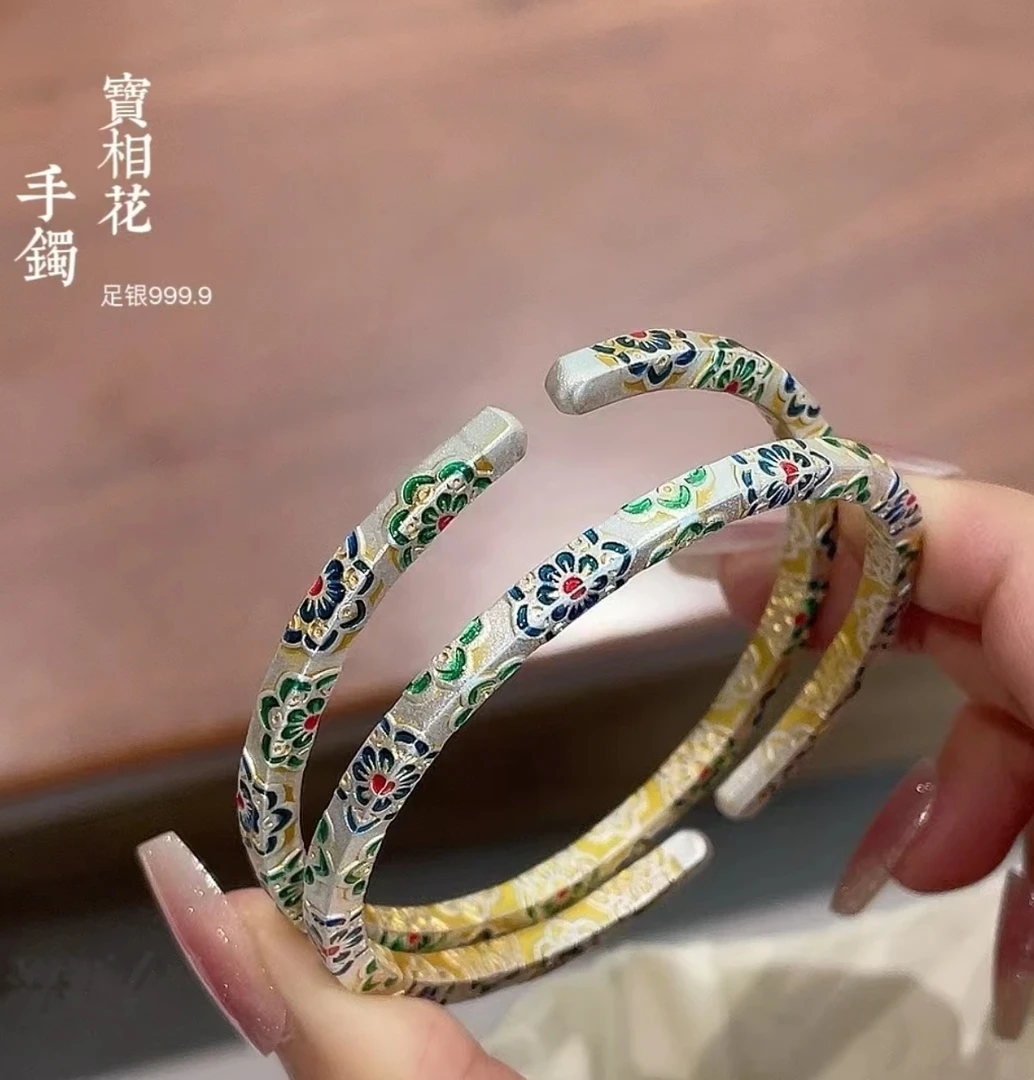 足银手镯 足银9999国潮珐琅彩四方条宝相花时尚个性百搭描金手镯
