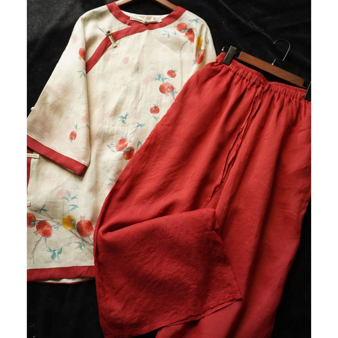 【DMXJ大梦想家】甜美复古国风红石榴睡衣女款夏季新款宽松居家套装