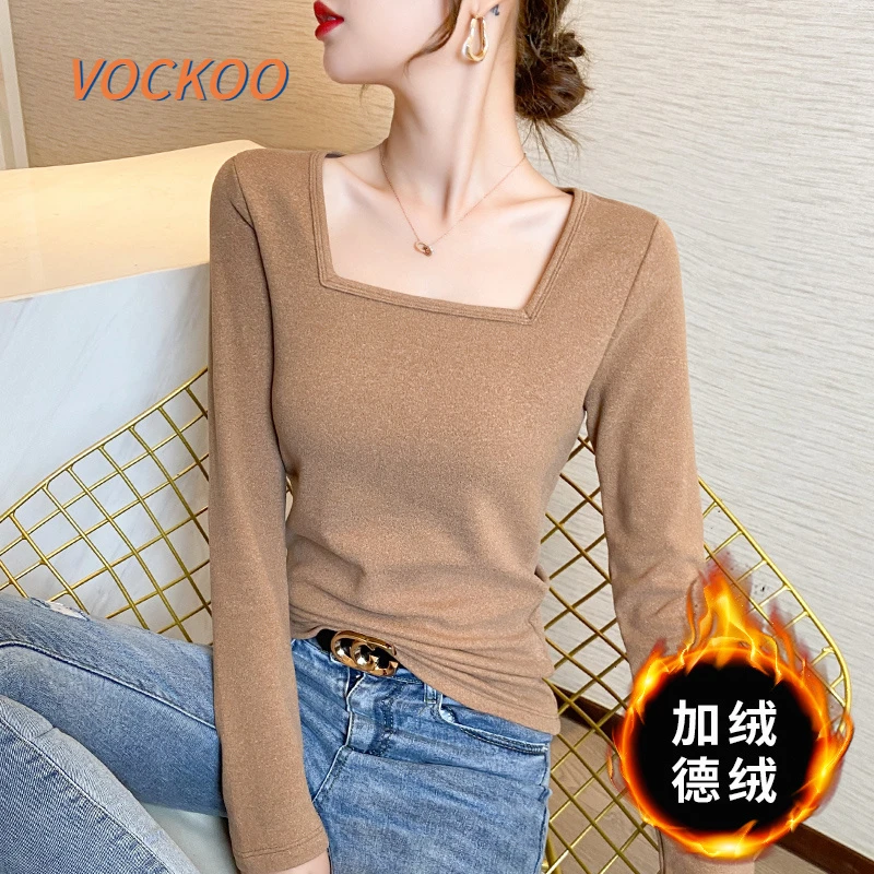 VOCKOO方领打底衫女长袖秋冬内搭双面德绒低领时髦洋派紧身加绒保