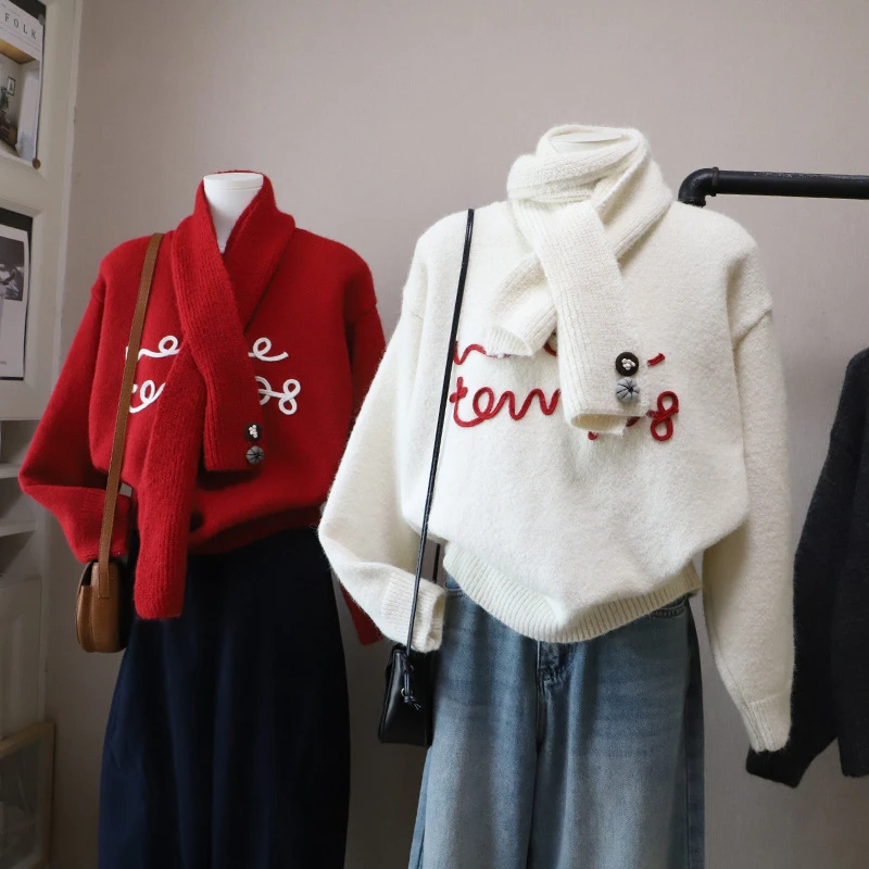 [比正]2025秋冬新韩版时尚字母撞色显瘦百搭套头毛衣+围脖女5890