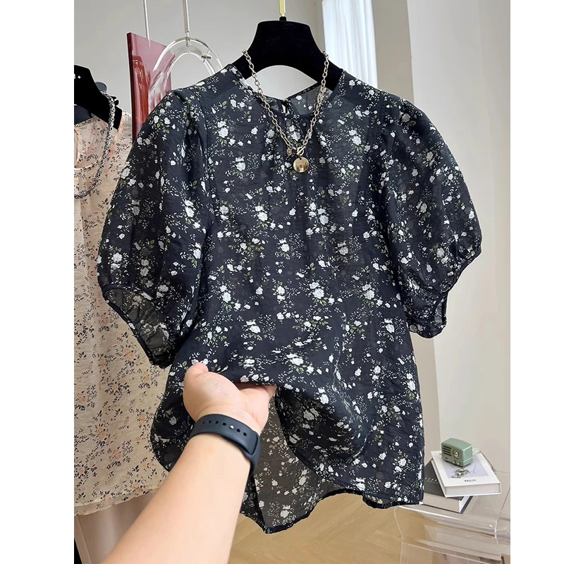 胖MM大码碎花泡泡袖衬衫上衣设计感显瘦法式圆领宽松休闲衬衣夏季