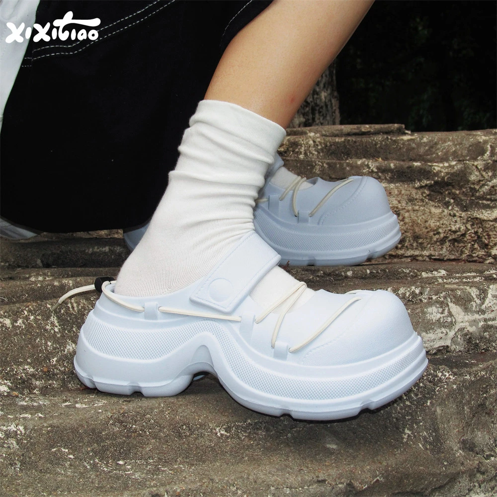 细细条 系带半拖鞋夏季时尚新款街头风增高防滑创意女士洞洞鞋ins