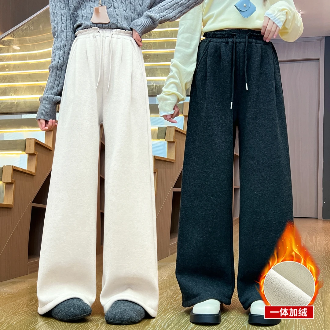 女童一体绒裤子冬款2025新款初中生宽松加厚休闲卫裤女大童运动裤
