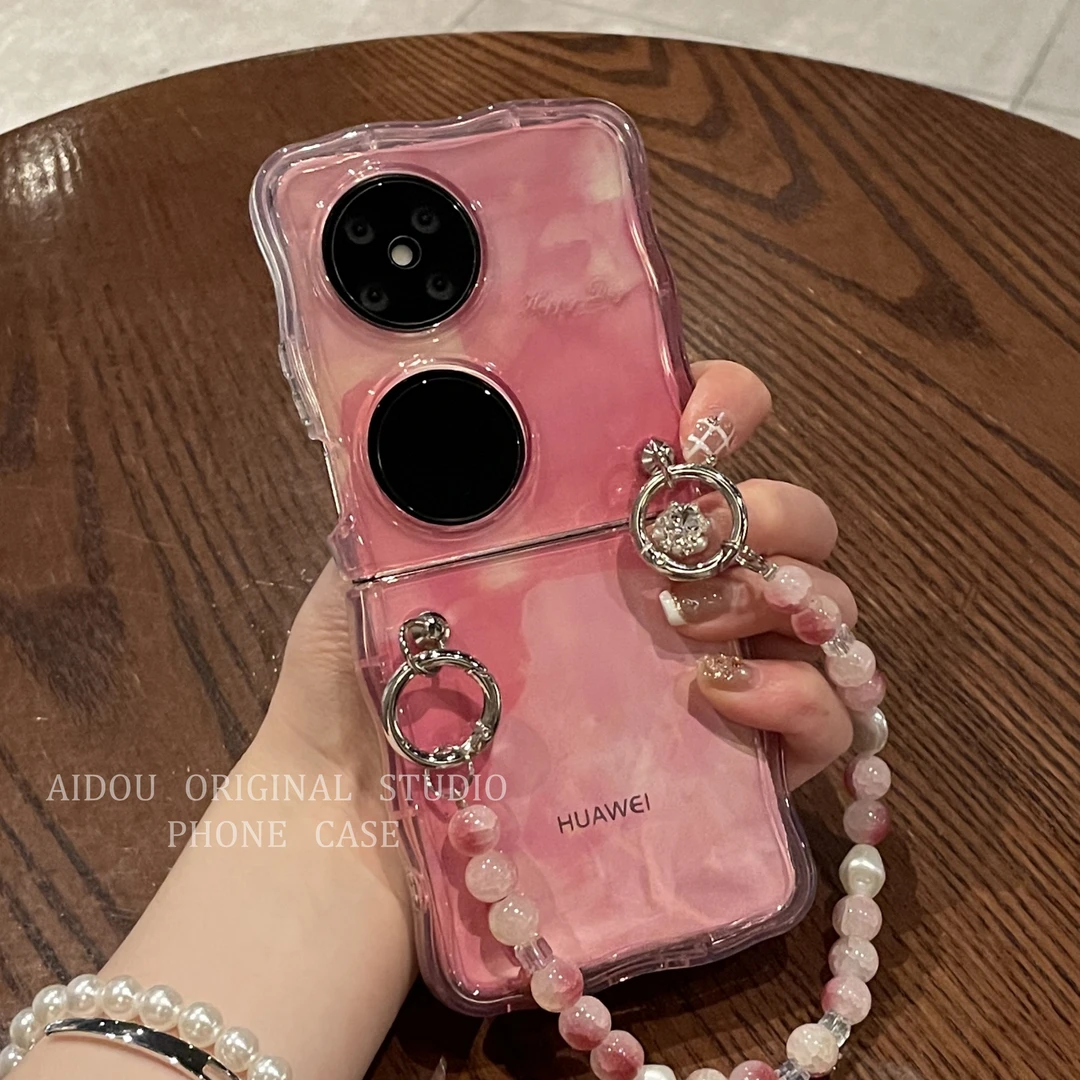 适用华为pocket2手机壳新款折叠屏波浪边艺术晕染粉p50pockets