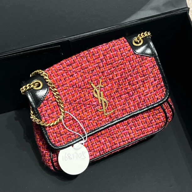 95新 YSL/圣罗兰 夏七中古/D扣红毛呢单肩包/1681705