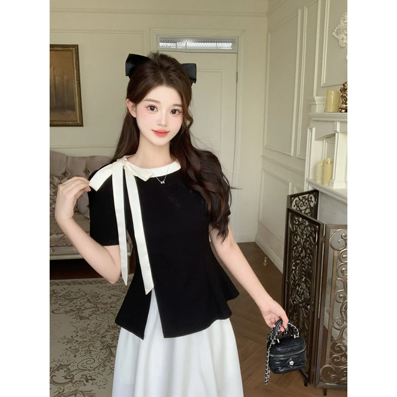 2025夏新款胖mm大码女设计感撞色百搭显瘦系带蝴蝶结开叉短袖T恤