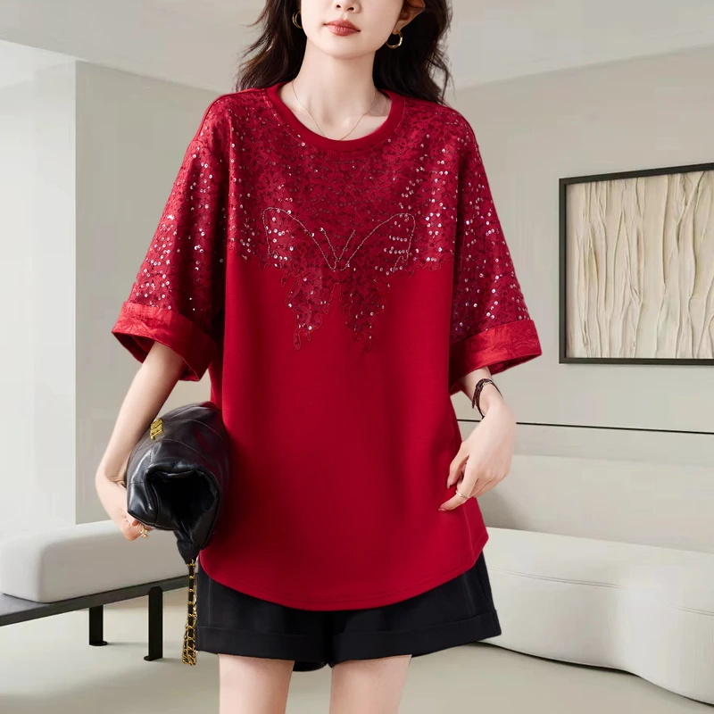 慵懒风时髦重工刺绣蝴蝶图案短袖T恤女大码夏装胖mm宽松遮肚上衣