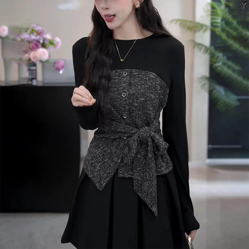 早秋女长袖T恤系带修身显瘦时尚洋气减龄假两件内搭打底衫上衣